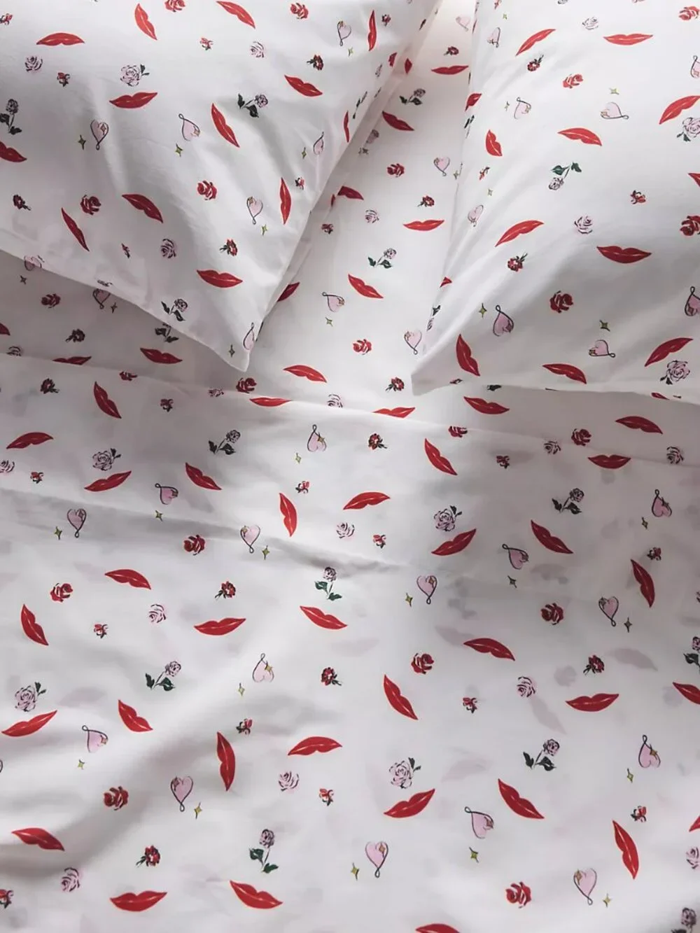 Anthropologie King Organic Cotton Percale Printed Valentine Heart Sheet Set